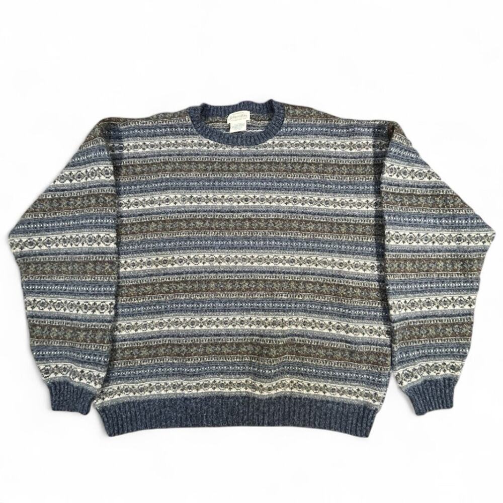 St Johns Bay Sweater XXL USA Made Pattern Knit Blue Gray Crewneck